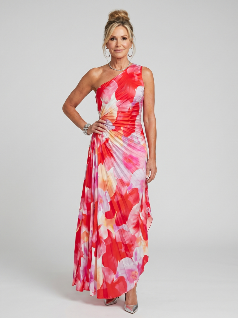 Éclat | Robe midi asymétrique, corsage plissé une épaule