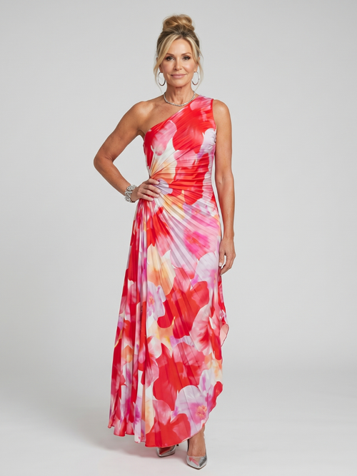 Éclat | Robe midi asymétrique, corsage plissé une épaule