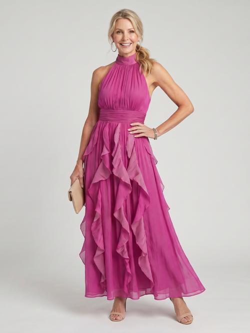 Rosalie | Robe maxi romantique à volants, col montant