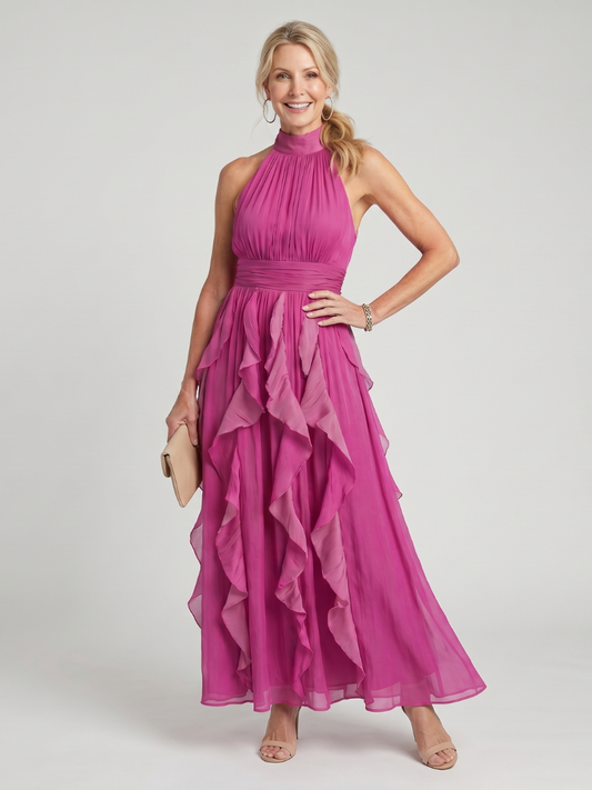 Rosalie | Robe maxi romantique à volants, col montant