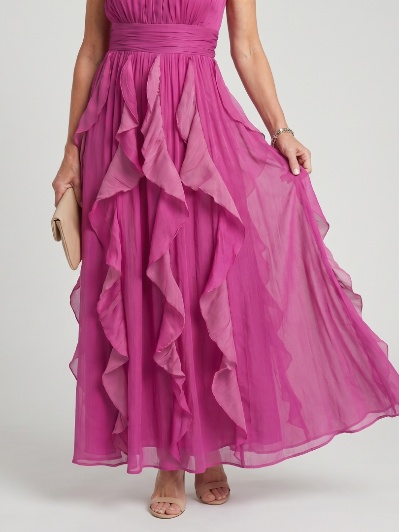 Rosalie | Robe maxi romantique à volants, col montant