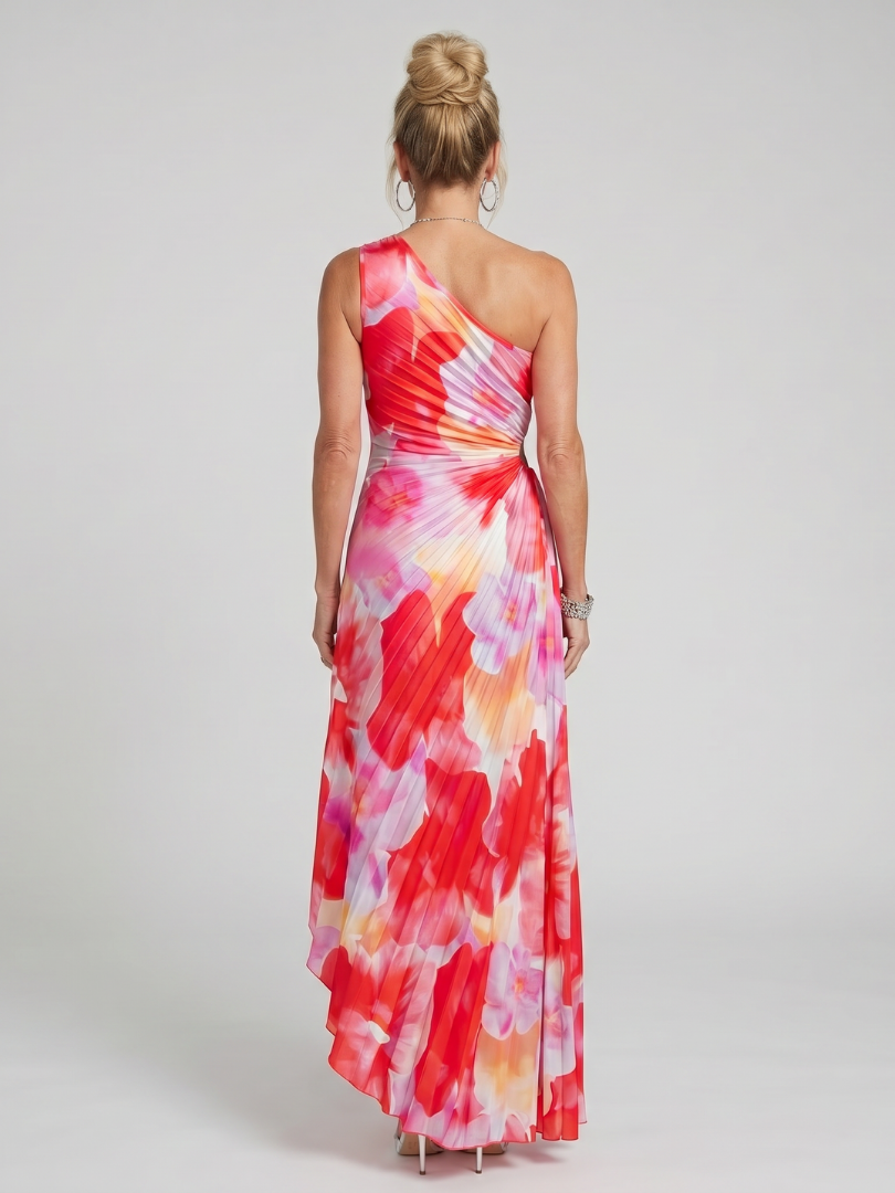 Éclat | Robe midi asymétrique, corsage plissé une épaule