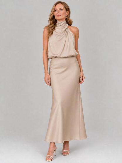 Céleste | Robe midi sans manches avec encolure drapée