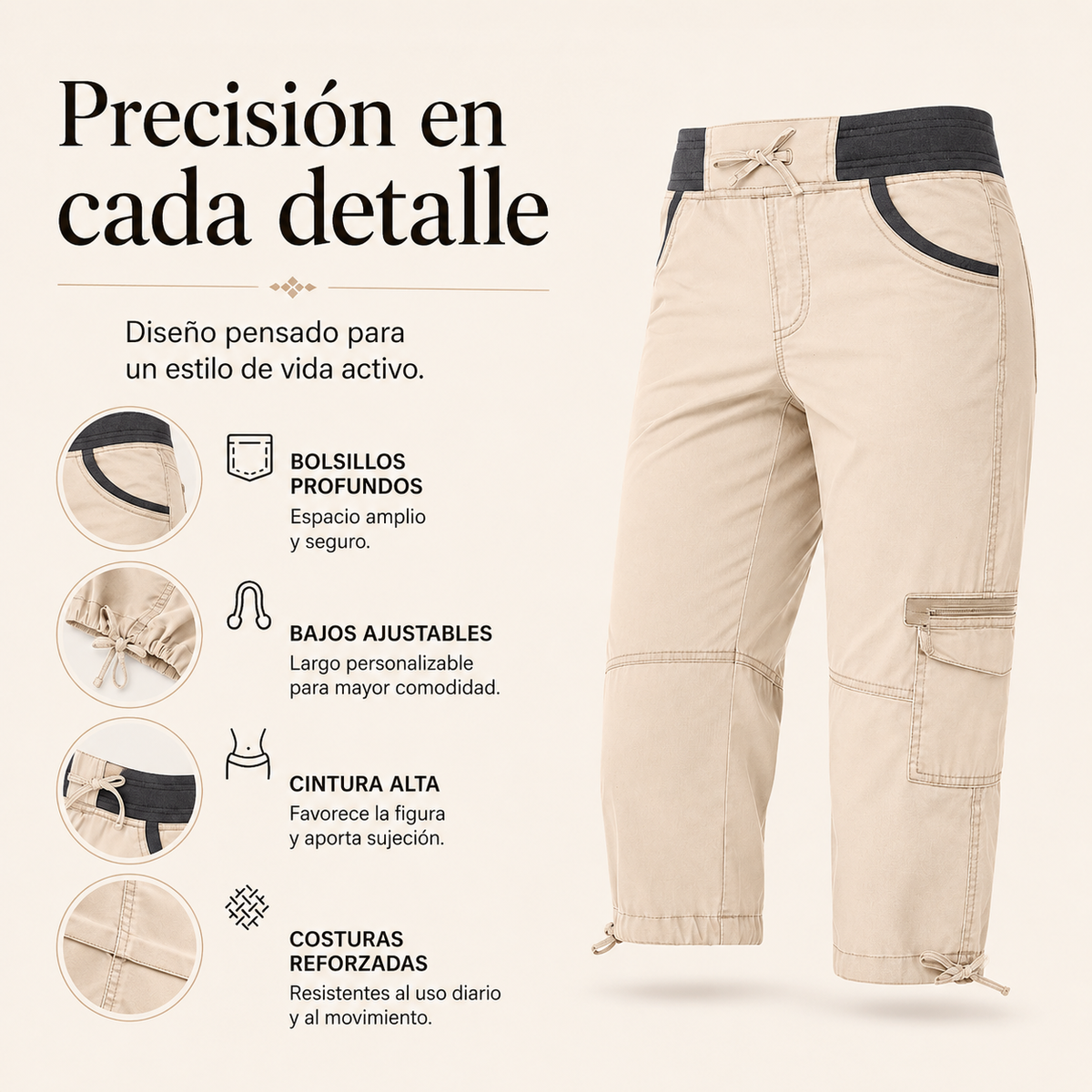 Valeria | Pantalon Capri Cargo taille haute